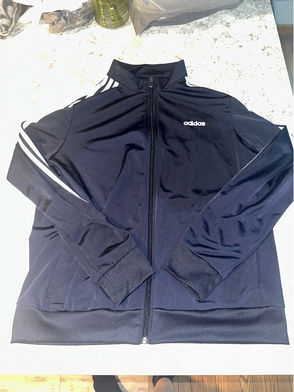 adidas Men's Navy Full-Zip Track Jacket, Knit Polyester, Stand-Up Collar XL